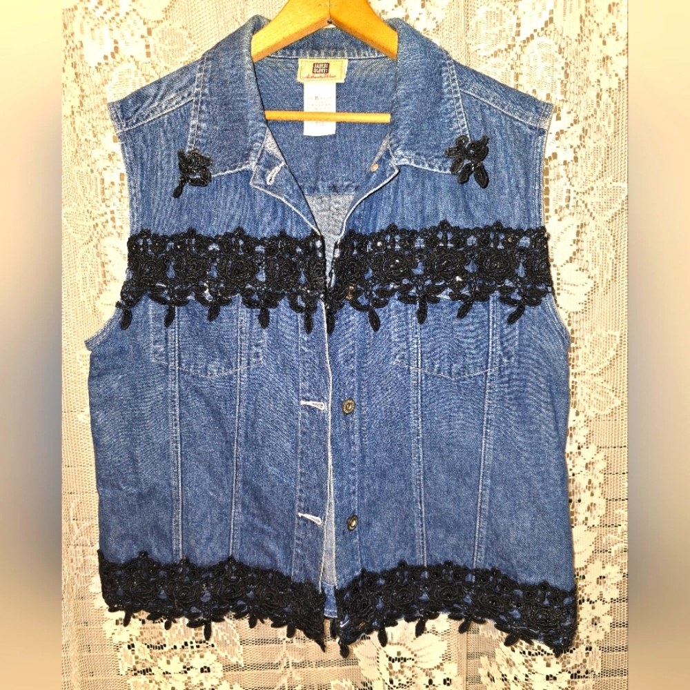 Faded Glory Blue Jean Vest, Upcylced With Lace, Womens XL, Western Vest